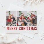 Cartão Postal De Festividades Tipografia Vermelha Feliz Natal Três Colagem Fotog<br><div class="desc">Feliz Natal! Cartaz personalizável de colagem de fotos de Natal com tipografia simples vermelha e preta. Personalize adicionando três fotos,  nomes,  ano e outros detalhes. Este cartão-postal de Natal moderno está disponível em outras cores e estoque de papelão.</div>