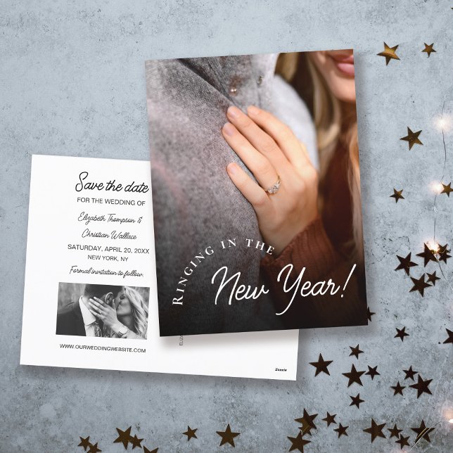 Cartão Postal De Festividades Tocar Fotografias Personalizadas no novo ano (Ringing in the new year engaged photo wedding save the date.)