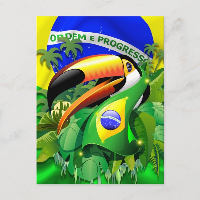 Cartão Postal De Festividades Toco Toucan com bandeira do Brasil (Frente)