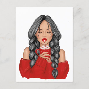 Cartão Postal De Festividades Tomando Chocolate Quente no Inverno em Suéter Verm