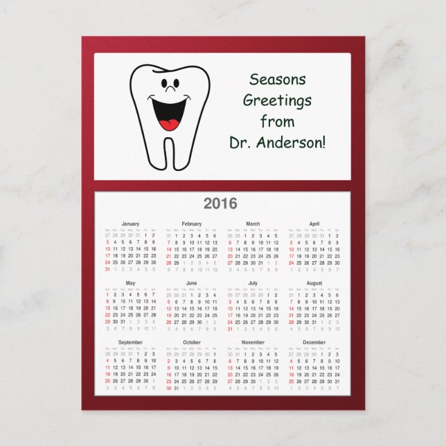 Cartão Postal De Festividades Tooth Happy Holidays from Dentist 2016 Calendar (Frente)