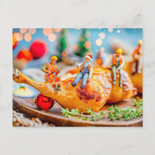 Cartão Postal De Festividades trabalhadores miniatura com galinha de Natal