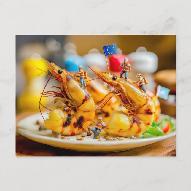 Cartão Postal De Festividades trabalhadores miniatura que preparam camarões grel (Frente)