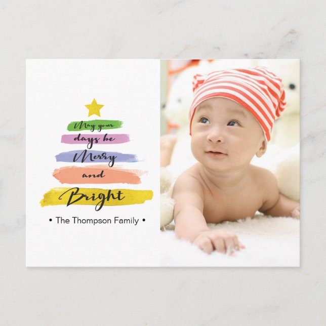 Cartão Postal De Festividades Traços de Aquarela, árvore de Natal, estrela, foto (Frente)