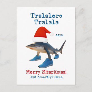 Cartão Postal De Festividades Tralalero Tralala Tubarão com Chapéu de Papai Noel