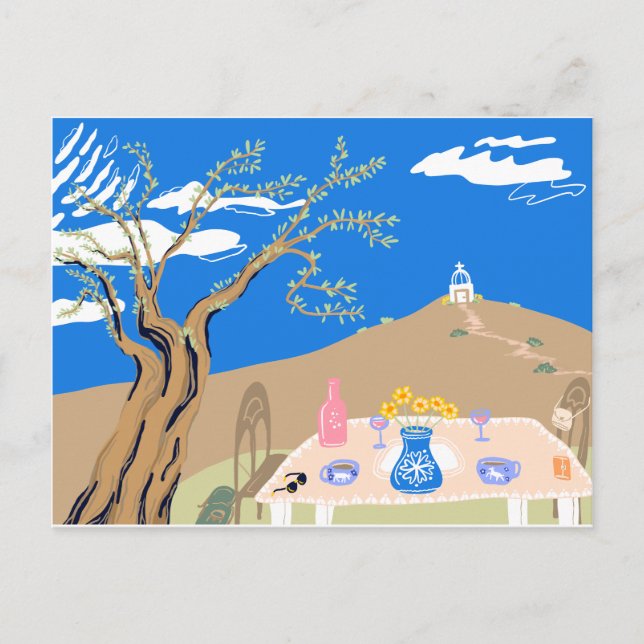 Cartão Postal De Festividades Travel keepsake Greek afternoon olive tree scene (Frente)