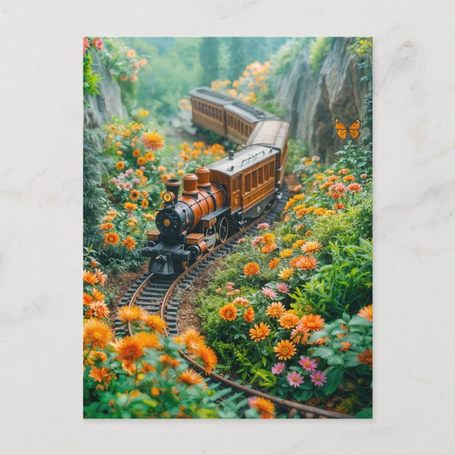 Cartão Postal De Festividades Trem de miniatura em vibrante prado montanhoso (Frente)