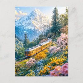 Cartão Postal De Festividades Trem de miniatura na primavera alpina em flor