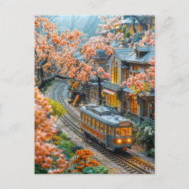 Cartão Postal De Festividades Trem de mola em miniatura sob árvores de cerejeira