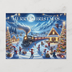 Cartão Postal De Festividades Trem de Natal Chega à Alegre Aldeia Nevada