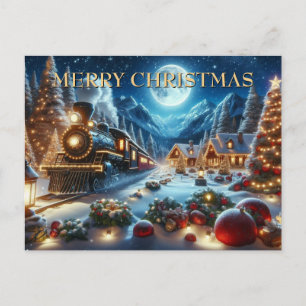 Cartão Postal De Festividades Trem de Natal Chegando à Aldeia Nevada