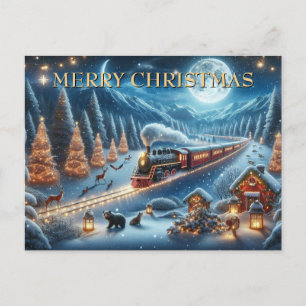 Cartão Postal De Festividades Trem de Natal com Lanternas e Animais da Floresta