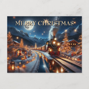 Cartão Postal De Festividades Trem de Natal Mágico Cena de Inverno Nevado