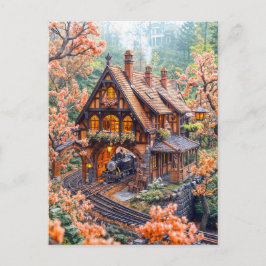 Cartão Postal De Festividades Trem de vapor em miniatura sob flores de cerejeira