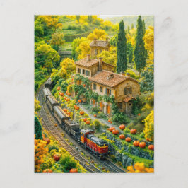 Cartão Postal De Festividades Trem miniatura através de campos de abóbora toscan