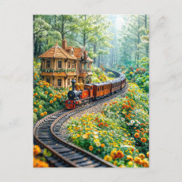Cartão Postal De Festividades Trem miniatura serpenteando por colinas de primave