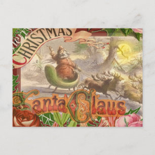 Cartão Postal De Festividades Trenó da rena do papai noel do natal vintage