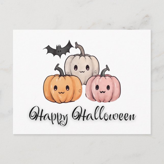 Cartão Postal De Festividades Três Abóbora e Bat Cute Feliz Halloween (Frente)