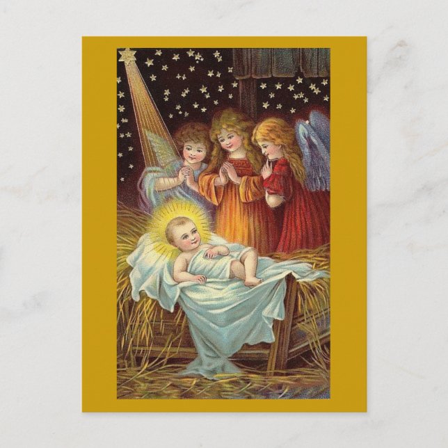 CARTÃO POSTAL DE FESTIVIDADES TRÊS ÂNGULOS COM BABY JESUS DOURADO (Frente)