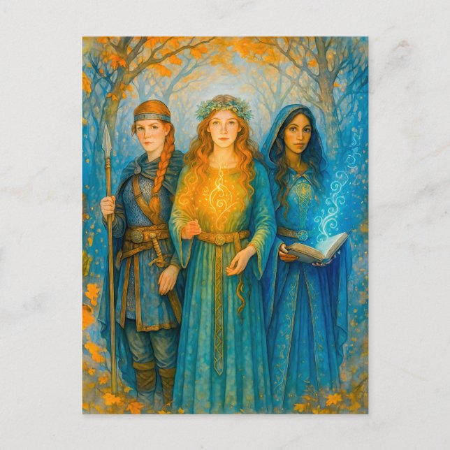 Cartão Postal De Festividades Três druidas Celtas com órbita brilhante (Frente)