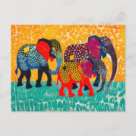 Cartão Postal De Festividades Três Elefantes Abstrato no Campo de Ponto Amarelo