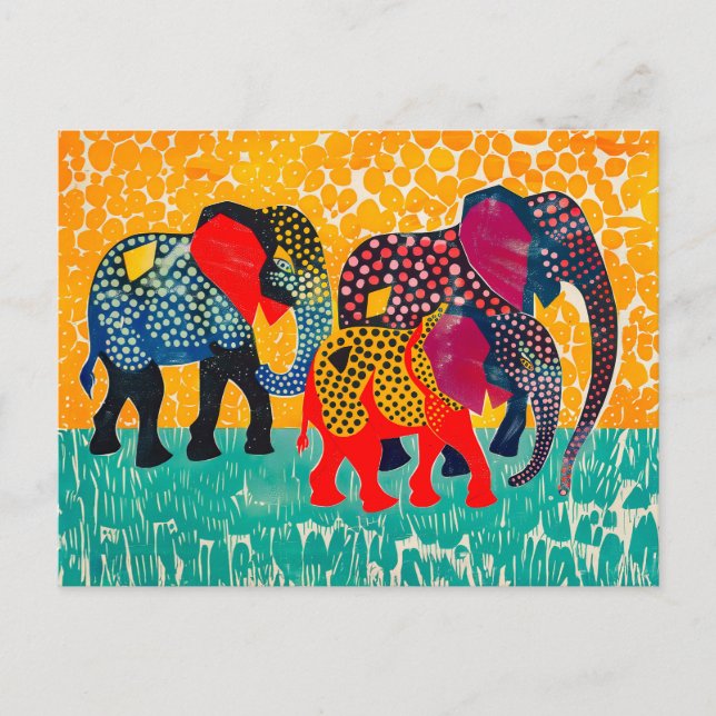 Cartão Postal De Festividades Três Elefantes Abstratos em Campo Amarelo Pontilha (Frente)