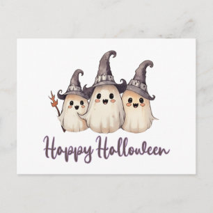Cartão Postal De Festividades Três Fantasmas Chapéus de Bruxa Brancos Feliz Hall