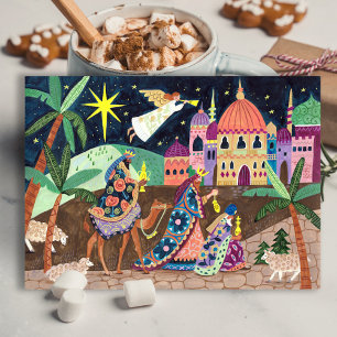 Cartão Postal De Festividades Três Reis Magos caprichosos com estrela e presente