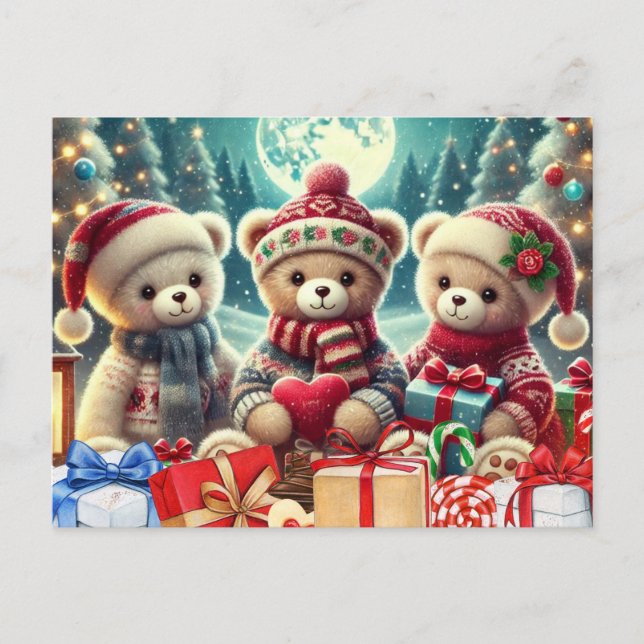 Cartão Postal De Festividades Três Ursos de Teddy Bonitos Feliz Natal (Frente)