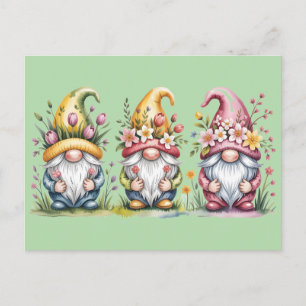 Cartão Postal De Festividades Trio de Gnomos da Primavera em Aquarela com Chapéu