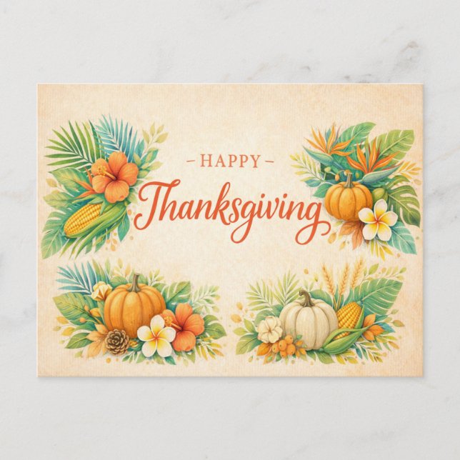 Cartão Postal De Festividades Tropical Autumn Thanksgiving Pumpkin Floral  (Frente)