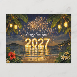 Cartão Postal De Festividades Tropical Fireworks Sunset Happy New Year 2027