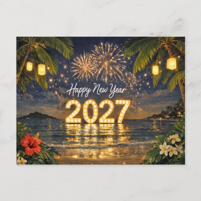 Cartão Postal De Festividades Tropical Fireworks Sunset Happy New Year 2027 (Frente)