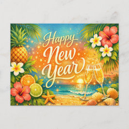 Cartão Postal De Festividades Tropical Sunset Champagne Happy New Year