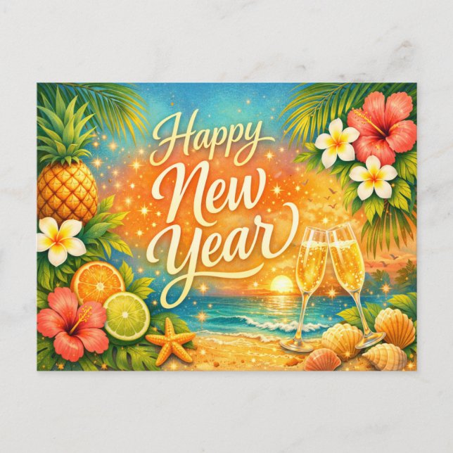 Cartão Postal De Festividades Tropical Sunset Champagne Happy New Year (Frente)