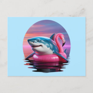 Cartão Postal De Festividades Tubarão Engraçado na Flamingo Piscina Float Vaporw
