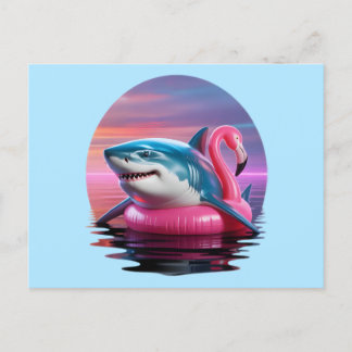 Cartão Postal De Festividades Tubarão Engraçado na Flamingo Piscina Float Vaporw