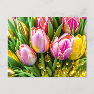 Cartão Postal De Festividades Tulipas elementares com acentos de ouro, Páscoa