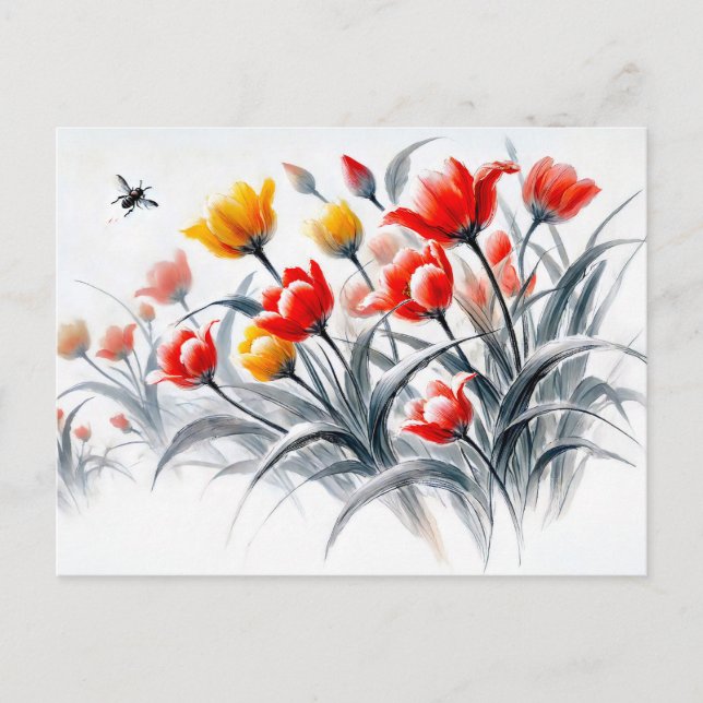 Cartão Postal De Festividades Tulipas Vermelhas e Brancas Pintura em Tinta Asiát (Frente)