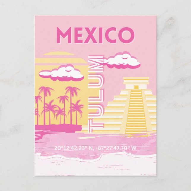 Cartão Postal De Festividades Tulum, Arte de Viagem, Arte Preppy, Rosa (Frente)