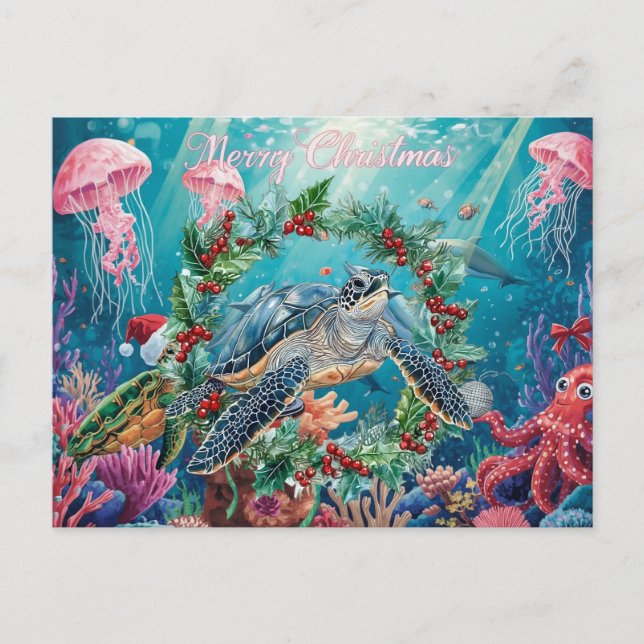 Cartão Postal De Festividades Turtle  Under the Sea Christmas Party  (Frente)