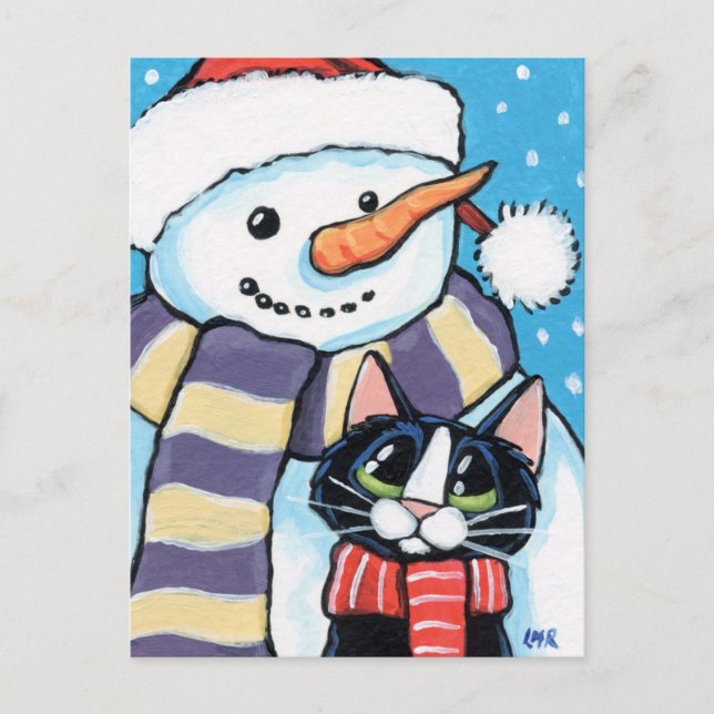 Cartão Postal De Festividades Tuxedo Cat e Carrot Nose Snowman Painting (Frente)