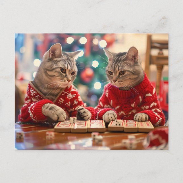 Cartão Postal De Festividades Two cats in red sweaters with festive background (Frente)