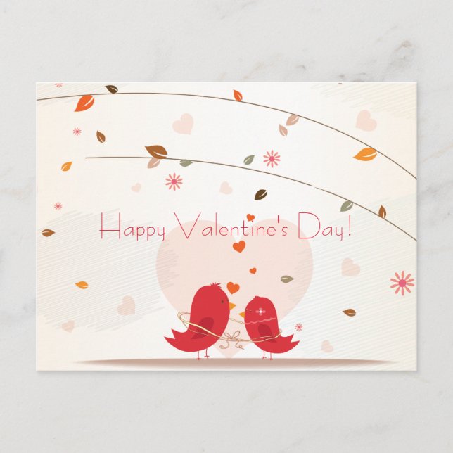 Cartão Postal De Festividades Two Cute Red Birds Happy Valentine Day Postcard (Frente)