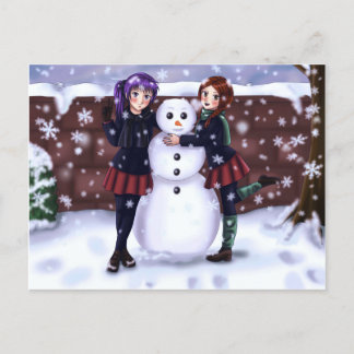 Cartão Postal De Festividades Two Girls and a Snowman
