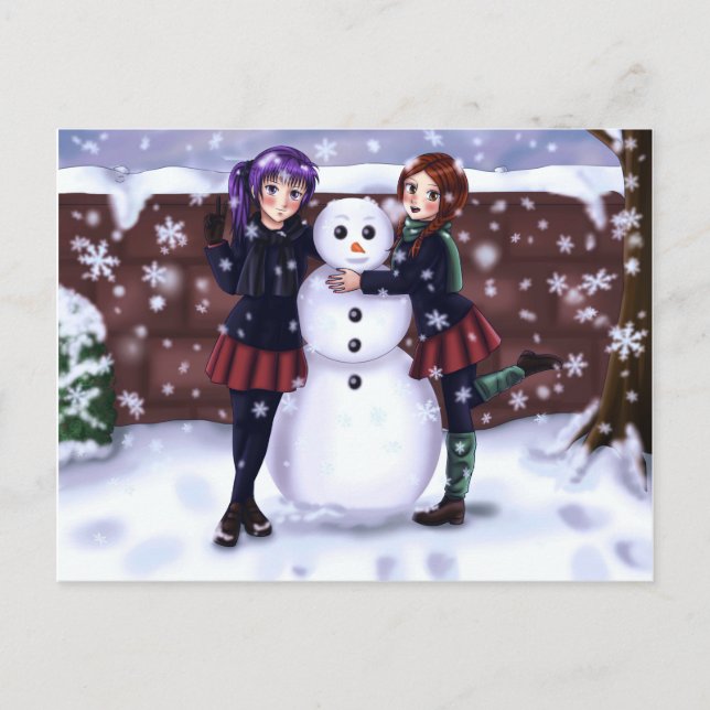 Cartão Postal De Festividades Two Girls and a Snowman (Frente)