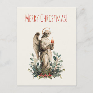 Cartão Postal De Festividades Um anjo de Natal com vela e folhas