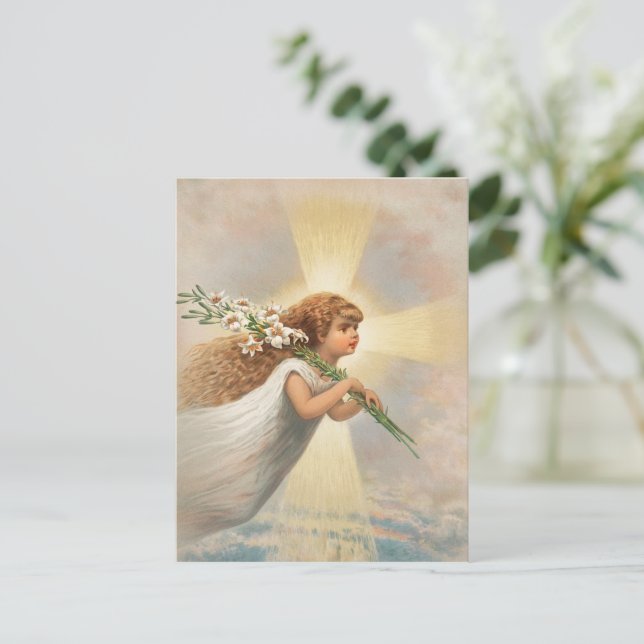 Cartão Postal De Festividades Um anjo no céu segurando lírios de natal (Em pé/Frente)