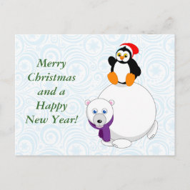 Cartão Postal De Festividades Um desenho animado moderno de um pinguim a montar