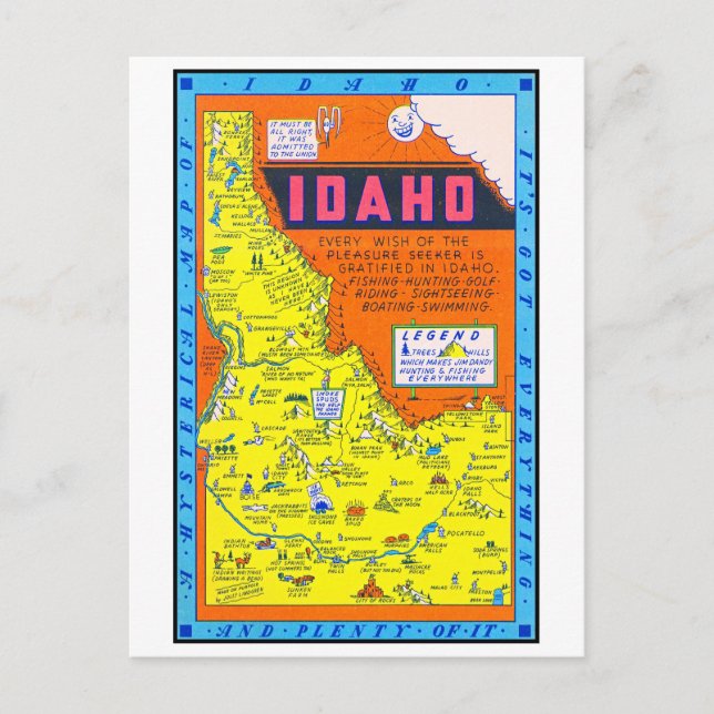Cartão Postal De Festividades Um Mapa Retroativo Histérico de Idaho 1949 (Frente)